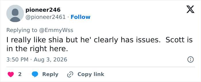Scott Eastwood exposes A-lister co-star. A tweet from pioneer246 reads, I really like Shia but he clearly has issues. Scott is in the right here. Scott Eastwood exposes A-lister co-star. A tweet from pioneer246 reads, I really like Shia but he clearly has issues. Scott is in the right here.