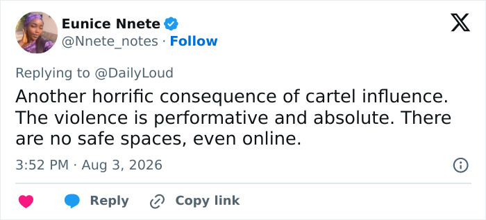 A tweet from Eunice Nnete discussing the horrific consequence of a beauty influencer assassinated during livestream. A tweet from Eunice Nnete discussing the horrific consequence of a beauty influencer assassinated during livestream.