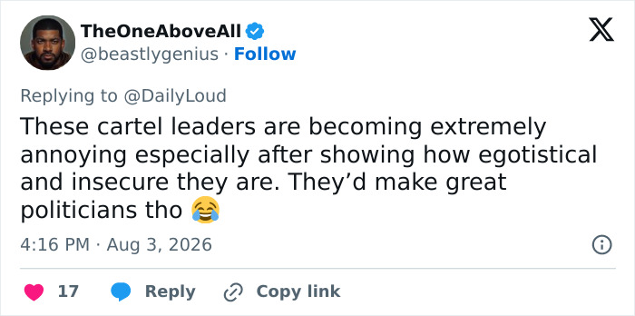 A social media post criticizing cartel leaders for being egotistical and insecure, connecting to the beauty influencer's assassination. A social media post criticizing cartel leaders for being egotistical and insecure, connecting to the beauty influencer's assassination.