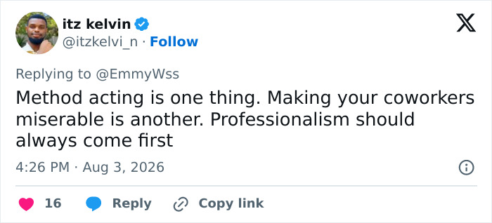 Tweet discussing professionalism vs. method acting, relevant to Scott Eastwood's A-Lister co-star conflict. Tweet discussing professionalism vs. method acting, relevant to Scott Eastwood's A-Lister co-star conflict.