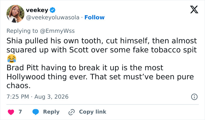 A tweet describing Shia LaBeouf's on-set actions, exposing a psychopath A-lister co-star, as per Scott Eastwood. A tweet describing Shia LaBeouf's on-set actions, exposing a psychopath A-lister co-star, as per Scott Eastwood.