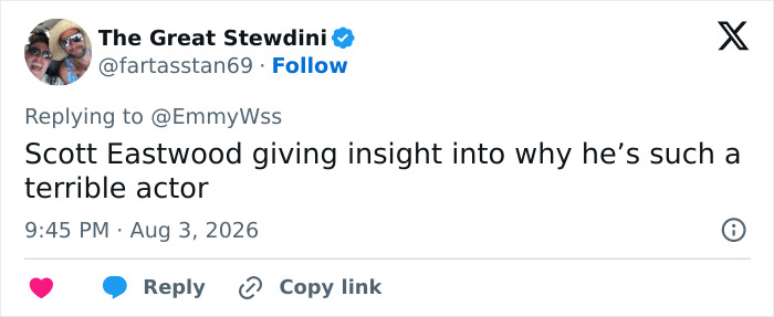 A screenshot of a tweet from The Great Stewdini about Scott Eastwood, a famous A-Lister Co-Star. A screenshot of a tweet from The Great Stewdini about Scott Eastwood, a famous A-Lister Co-Star.