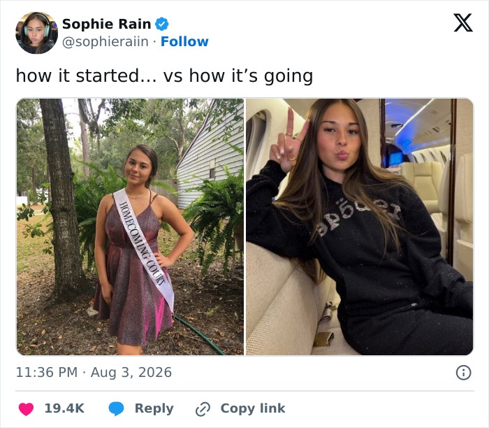 A tweet by Sophie Rain comparing a high school photo where she's homecoming court to a current photo on a private jet, showing her journey as an adult content creator. A tweet by Sophie Rain comparing a high school photo where she's homecoming court to a current photo on a private jet, showing her journey as an adult content creator.