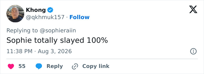 A tweet from Khong on August 3, 2026, stating Sophie Rain totally slayed in her high school photo. A tweet from Khong on August 3, 2026, stating Sophie Rain totally slayed in her high school photo.