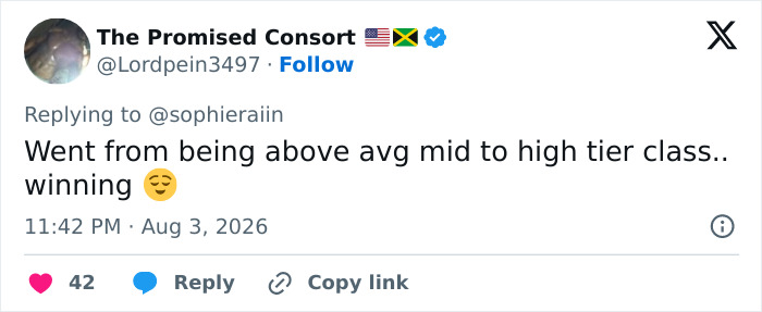 A tweet from The Promised Consort on August 3, 2026, commenting on Sophie Rain's high school photo and success. A tweet from The Promised Consort on August 3, 2026, commenting on Sophie Rain's high school photo and success.