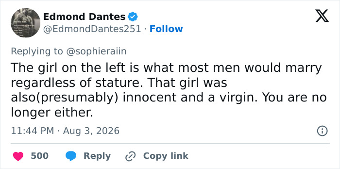 A Twitter comment comparing Sophie Rain's current status as an adult content creator to her perceived high school innocence. A Twitter comment comparing Sophie Rain's current status as an adult content creator to her perceived high school innocence.