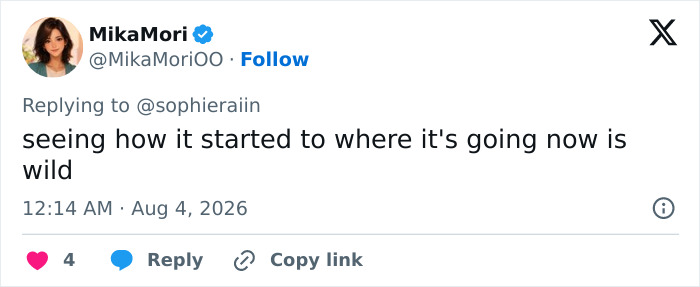 A tweet from MikaMori on August 4, 2026, about Sophie Rain's high school photo transformation. A tweet from MikaMori on August 4, 2026, about Sophie Rain's high school photo transformation.