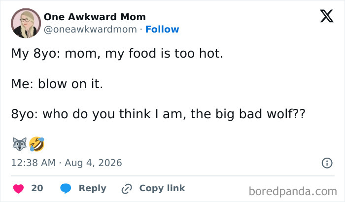 A tweet from One Awkward Mom, where an 8-year-old humorously compares himself to the big bad wolf, showing the comedy of raising kids.
