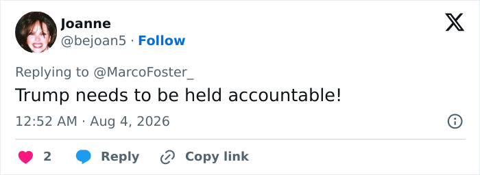 Screenshot of a tweet from Joanne saying Trump needs to be held accountable.