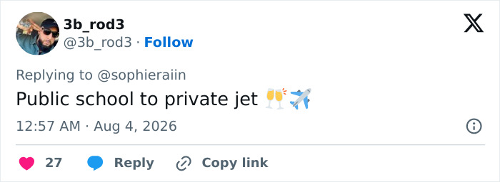 A social media post about Sophie Rain's high school photo, noting a glow-up from public school to private jet. A social media post about Sophie Rain's high school photo, noting a glow-up from public school to private jet.