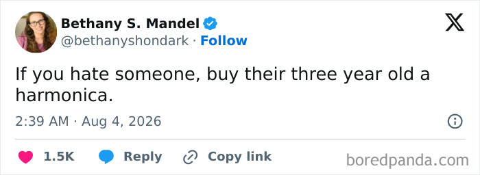 A tweet about raising kids, suggesting buying a three-year-old a harmonica for comedy.