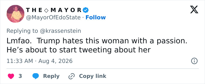 A tweet by THE MAYOR, @MayorOfEdoState, joking about Trump's hatred for Rosie O'Donnell.