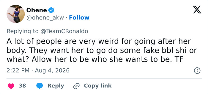 A tweet from Ohene, questioning why people are body-shaming and want Georgina to get surgery.