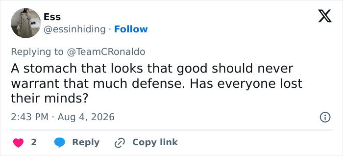 Social media comment criticizing Georgina Rodriguez and her yacht photos, asking why defense is needed.