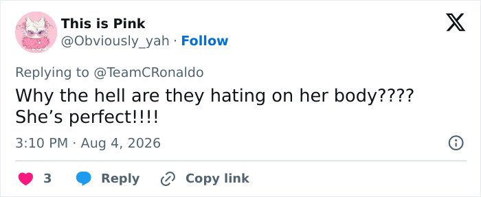 A social media comment questioning body-shamers and praising Georgina Rodriguez's appearance in her yacht photos.