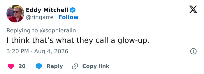 A social media post about Sophie Rain's high school photo, remarking that her current appearance is a glow-up. A social media post about Sophie Rain's high school photo, remarking that her current appearance is a glow-up.