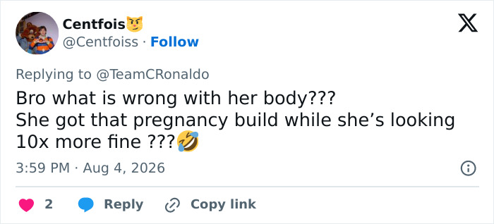 A tweet from Centfoiss defending Georgina Rodriguez's body, mentioning her pregnancy build and beauty.