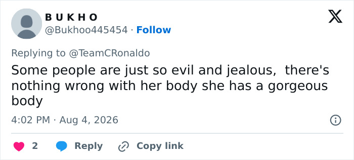 A tweet supporting Georgina Rodriguez, calling out body-shamers and cruel comments about her body.
