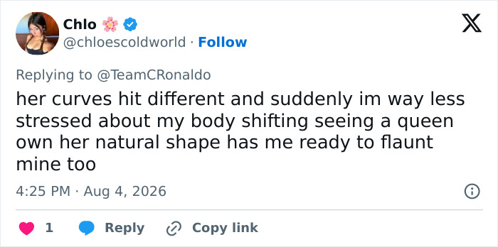 A tweet from Chlo about Georgina Rodriguez's curves, inspiring her to flaunt her own natural shape.