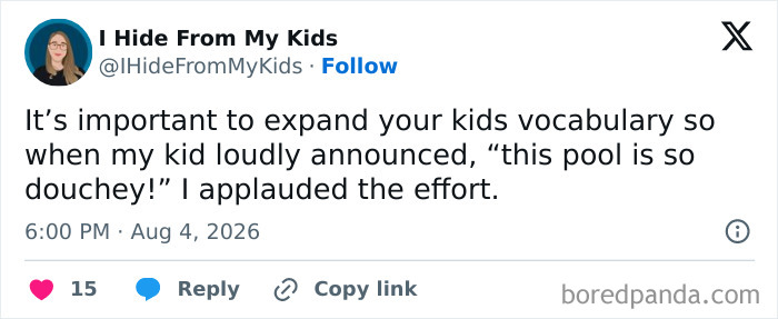 A tweet about a kid using the word 'douchey' for a pool, demonstrating the comedy and funny side of raising kids.