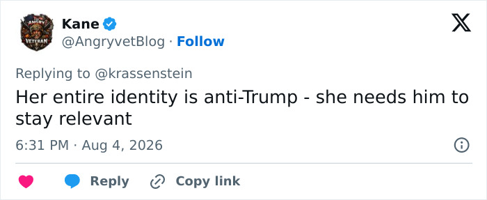 A tweet by Kane, @AngryvetBlog, stating Rosie O'Donnell's identity is anti-Trump for relevance.