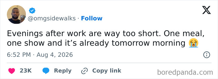 A social media post lamenting short evenings after work, humorously capturing the absurdity of having a job.