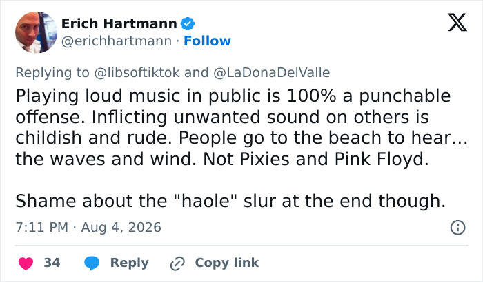 Screenshot of a tweet from Erich Hartmann commenting on the congressional candidate attacking the beachgoer.