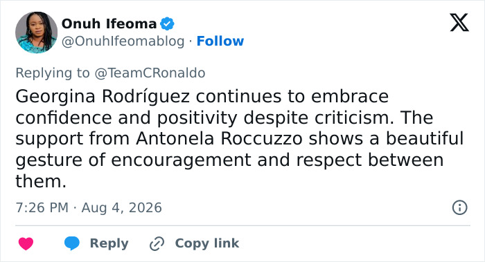 A tweet from Onuh Ifeoma, showing Georgina Rodriguez embracing confidence after yacht photos body-shamers comments.