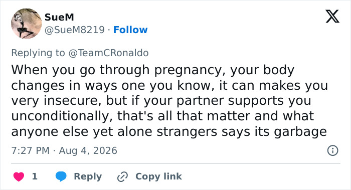 A social media comment discussing body changes during pregnancy, supporting Georgina Rodriguez against body-shamers.