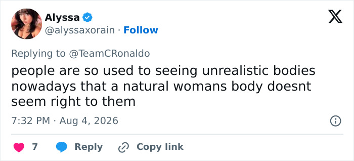 A tweet from Alyssa about body-shamers, saying people are used to unrealistic bodies and natural women's bodies seem wrong.