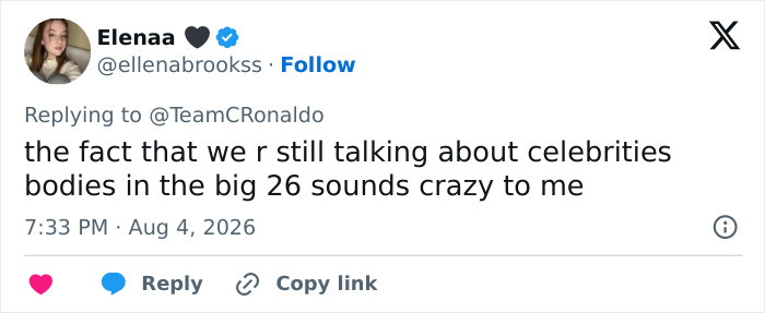 A tweet from Elenaa, showing support for Georgina Rodriguez body positivity after yacht photos body-shamers comments.
