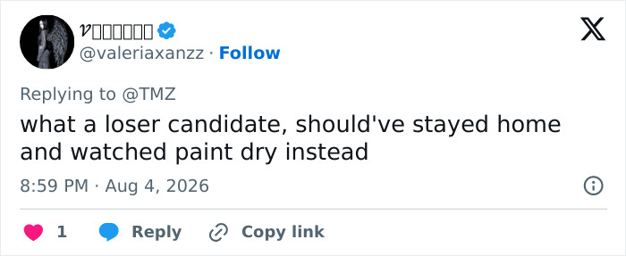A social media post calling the congressional candidate a loser, suggesting he should have stayed home, reflecting karma for his beach attack.