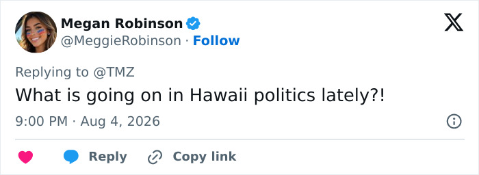 A social media post expressing disbelief about Hawaii politics, related to the congressional candidate's beach incident and mounting karma.