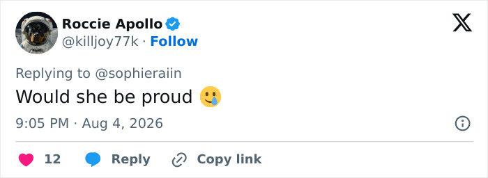 A Twitter comment with a sad emoji, pondering Sophie Rain's past self regarding her adult content creator career. A Twitter comment with a sad emoji, pondering Sophie Rain's past self regarding her adult content creator career.