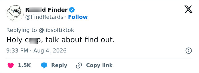 A screenshot of a tweet by an account with the username starting with R and d Finder, featuring a meme avatar, stating, Holy c***, talk about find out, referring to the congressional candidate.