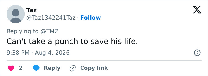 A social media comment states the congressional candidate cannot take a punch, highlighting the karma from his attack on a beachgoer.