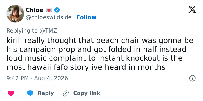 A social media comment describes the congressional candidate's beach incident, where he attacked a beachgoer, as a karma story.