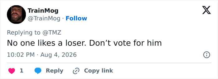 A social media post urging people not to vote for the congressional candidate, calling him a loser, indicating karma for his actions.