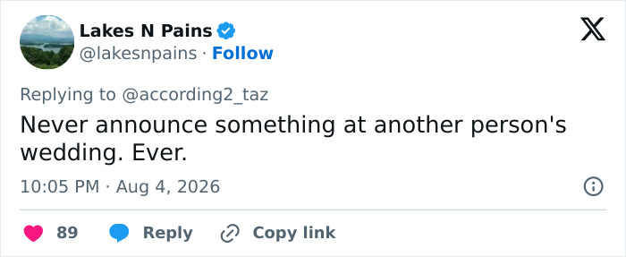A tweet about wedding etiquette, implying Karma for Meghan Markle on her birthday. A tweet about wedding etiquette, implying Karma for Meghan Markle on her birthday.