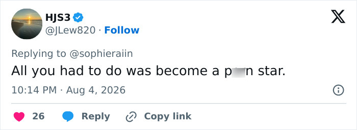 A Twitter post showing a comment about Sophie Rain as an adult content creator, referencing her high school photo. A Twitter post showing a comment about Sophie Rain as an adult content creator, referencing her high school photo.