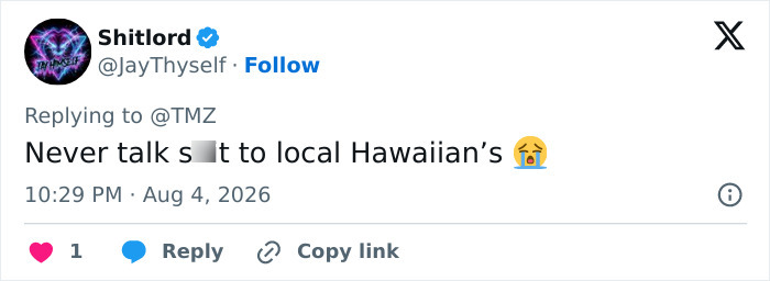 A social media comment warns against provoking local Hawaiians, referencing the karma a congressional candidate faced for attacking a beachgoer.