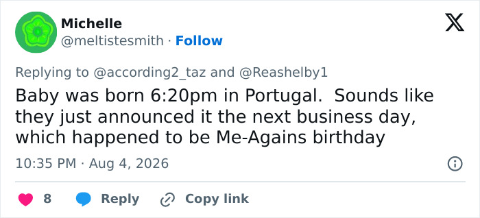A tweet on Meghan Markle's birthday mentioning a baby born at 6:20 pm in Portugal, hinting at birthday karma. A tweet on Meghan Markle's birthday mentioning a baby born at 6:20 pm in Portugal, hinting at birthday karma.