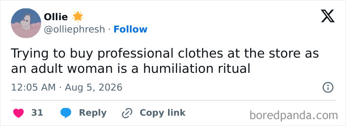 A tweet about the beautiful absurdity of having a job, discussing the humiliation ritual of buying professional clothes.
