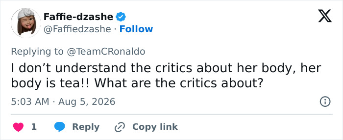 A tweet from Faffie-dzashe defends Georgina Rodriguez body-shamers, stating, I dont understand the critics about her body, her body is tea!!
