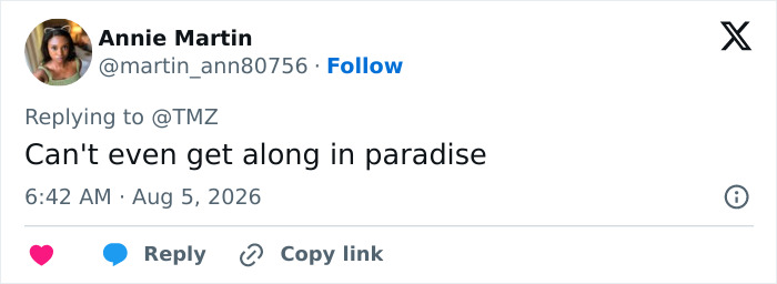 A social media post lamenting the inability to get along even in paradise, referencing the congressional candidate's beach altercation and karma.