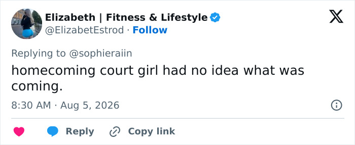A tweet by Elizabeth | Fitness & Lifestyle replying to @sophieraiin about Sophie Rain's high school photo. A tweet by Elizabeth | Fitness & Lifestyle replying to @sophieraiin about Sophie Rain's high school photo.