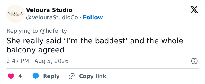 A social media post from Veloura Studio referencing a Rihanna and A$AP Rocky video making people uncomfortable. A social media post from Veloura Studio referencing a Rihanna and A$AP Rocky video making people uncomfortable.