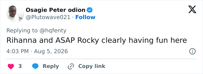 A social media user comments on the Rihanna and A$AP Rocky video, saying: Rihanna and ASAP Rocky clearly having fun here. A social media user comments on the Rihanna and A$AP Rocky video, saying: Rihanna and ASAP Rocky clearly having fun here.