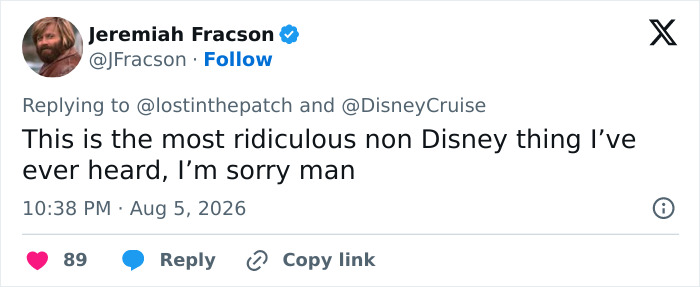 A social media post from Jeremiah Fracson calling the alleged Disney scam ridiculous.