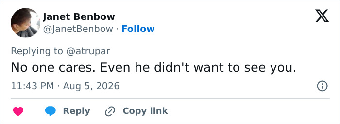 A screenshot of a tweet by Janet Benbow replying to another tweet saying, No one cares. Even he didn't want to see you. in a discussion about JD Vance's newborn son. A screenshot of a tweet by Janet Benbow replying to another tweet saying, No one cares. Even he didn't want to see you. in a discussion about JD Vance's newborn son.